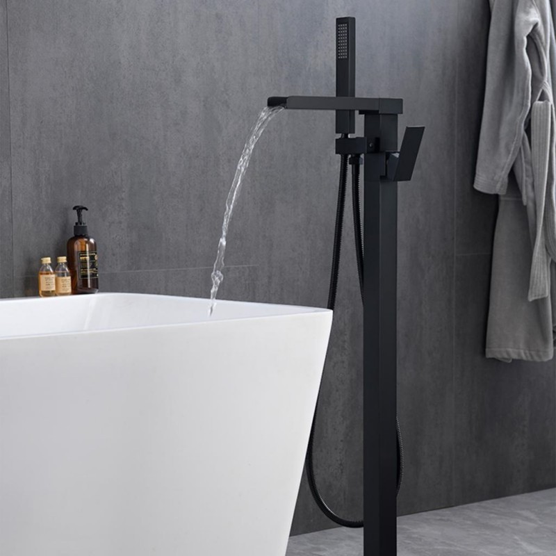 Waterfall black floor mounted freestanding bathub faucet electric bathroom tub filler mixer tap with hand held rainfall shower