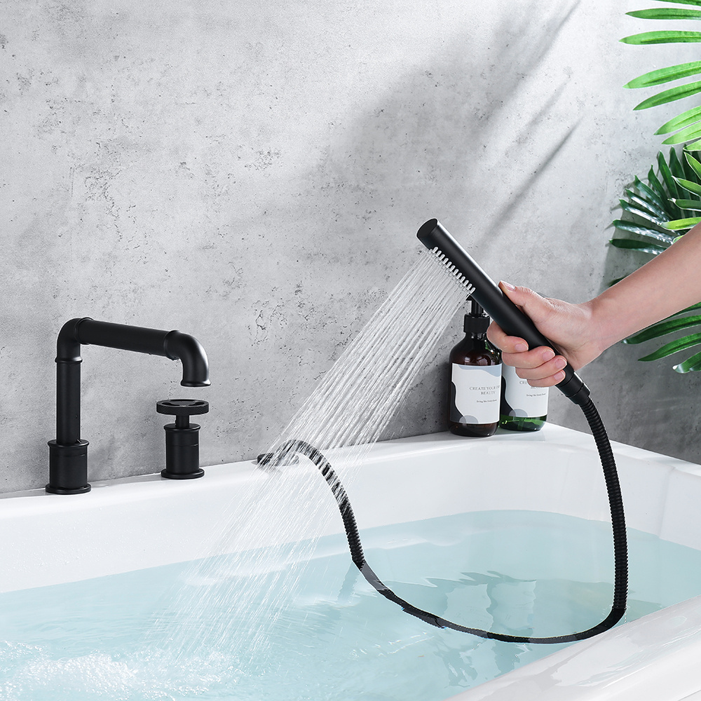 Deck mounted double handle tub tap mixer hand shower matte black freestanding bathroom bathtub faucet