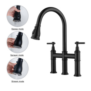 Deck mounted pull out down kitchen faucet 304 stainless steel double handle water mixer tap 3 way black  kitchen sink faucet