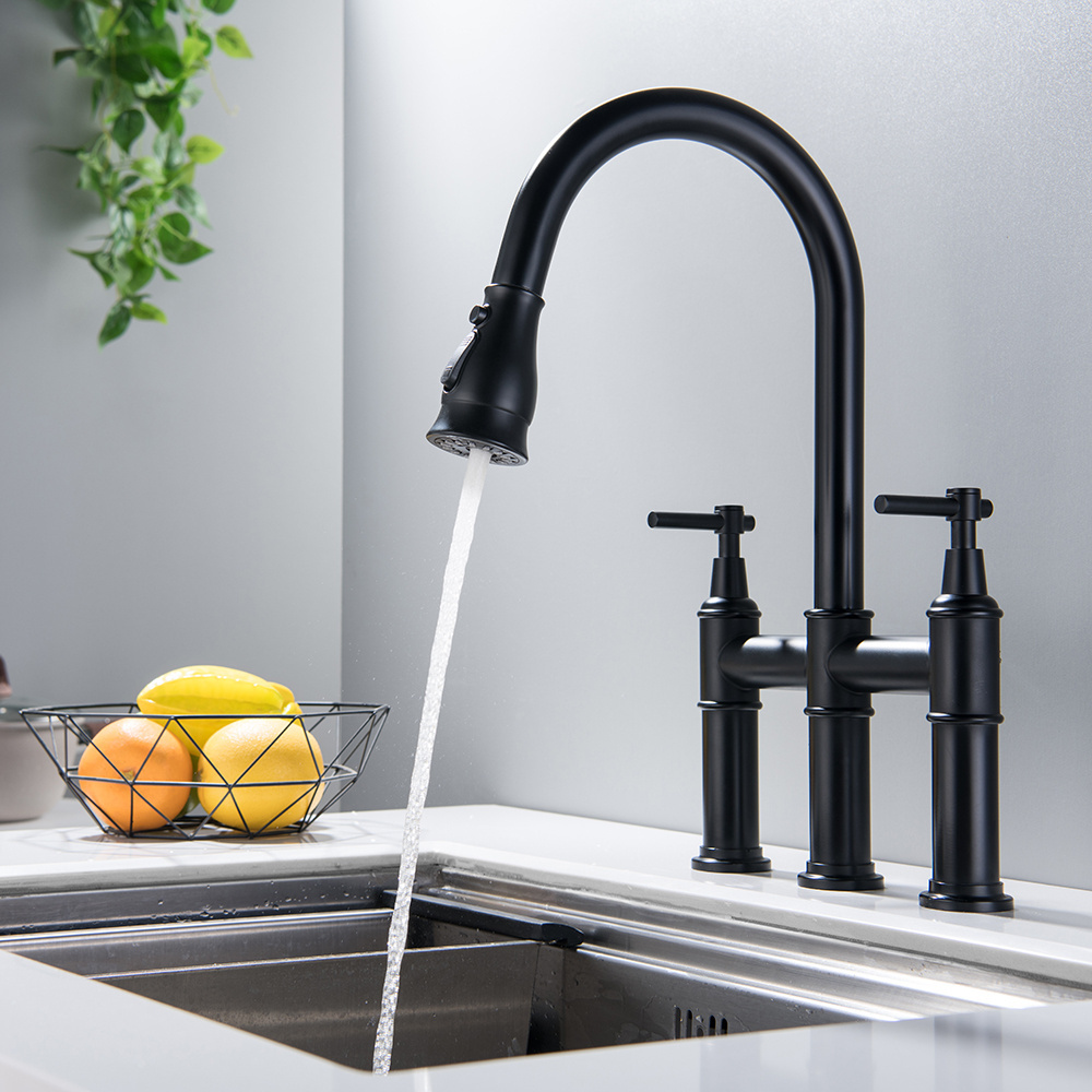 Deck mounted pull out down kitchen faucet 304 stainless steel double handle water mixer tap 3 way black  kitchen sink faucet