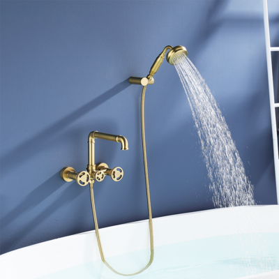 Luxury brushed gold bath faucet brass 3 handles bath shower faucets wall mounted bathroom bath tub faucet