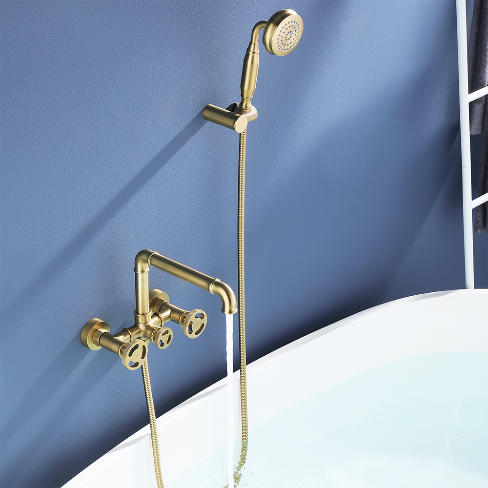 Luxury brushed gold bath faucet brass 3 handles bath shower faucets wall mounted bathroom bath tub faucet