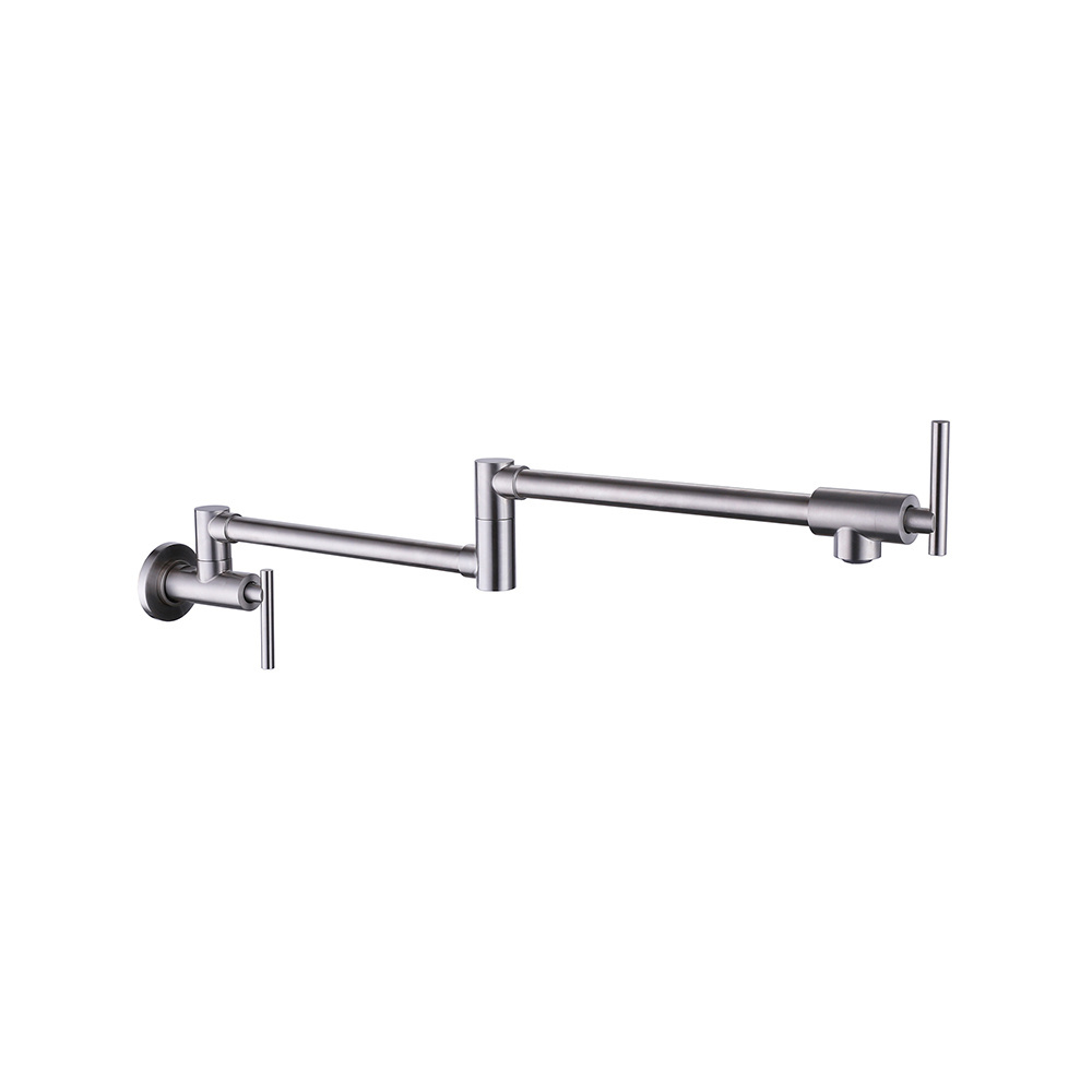 Luxury brushed silver brass wall mounted double handle water taps mixer folding kitchen faucet