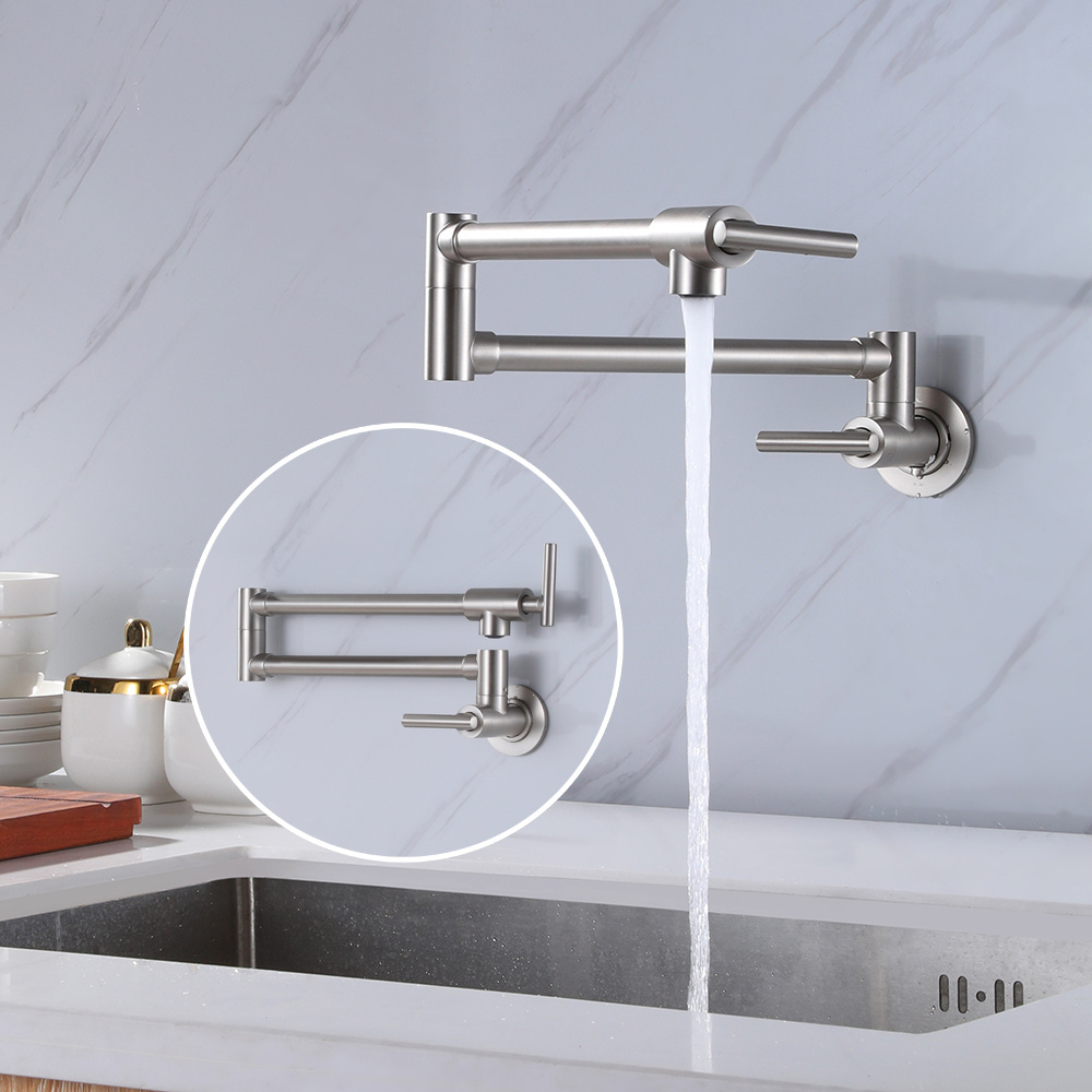 Luxury brushed silver brass wall mounted double handle water taps mixer folding kitchen faucet