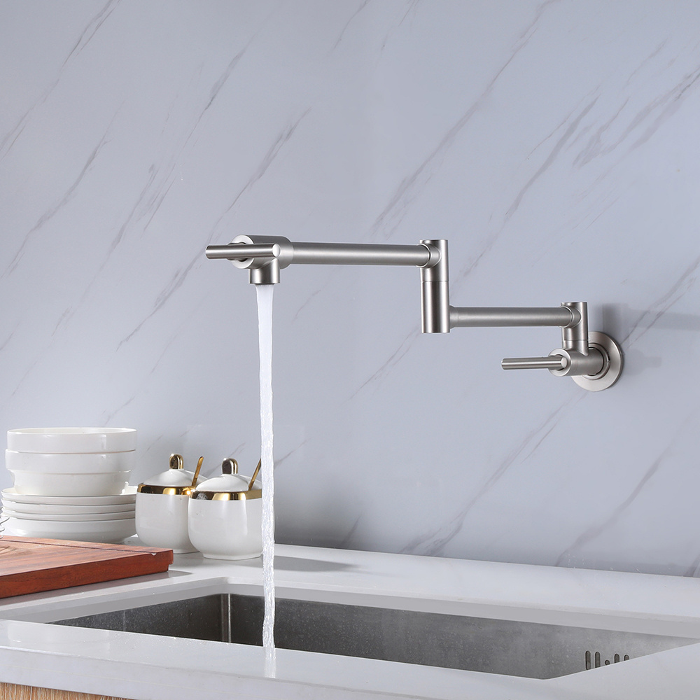 Luxury brushed silver brass wall mounted double handle water taps mixer folding kitchen faucet