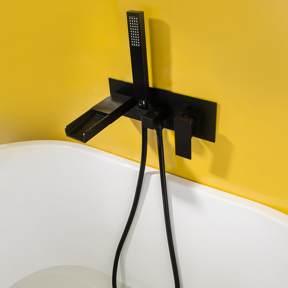 Modern design black brass wall mounted bathroom single handle waterfall mixer tap  bathtub shower faucet