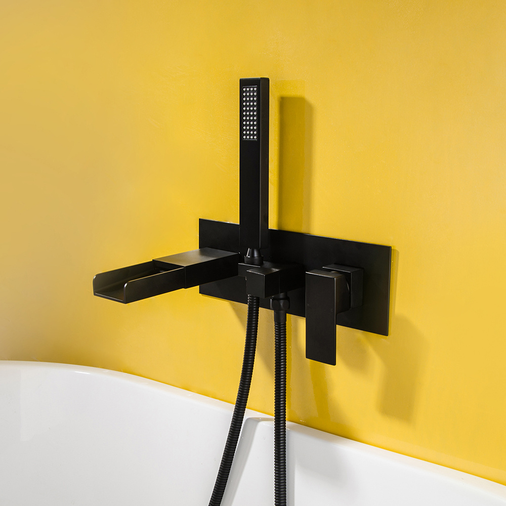 Modern design black brass wall mounted bathroom single handle waterfall mixer tap  bathtub shower faucet