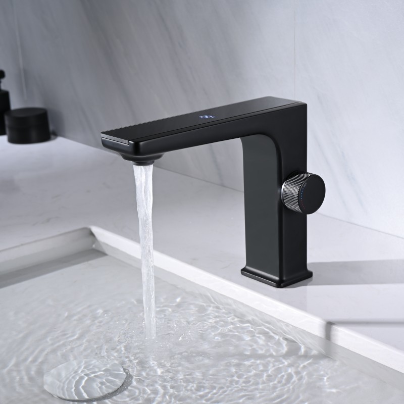 Deck mounted led digital wash basin faucet matt black water mixer tap brass bathroom basin faucet