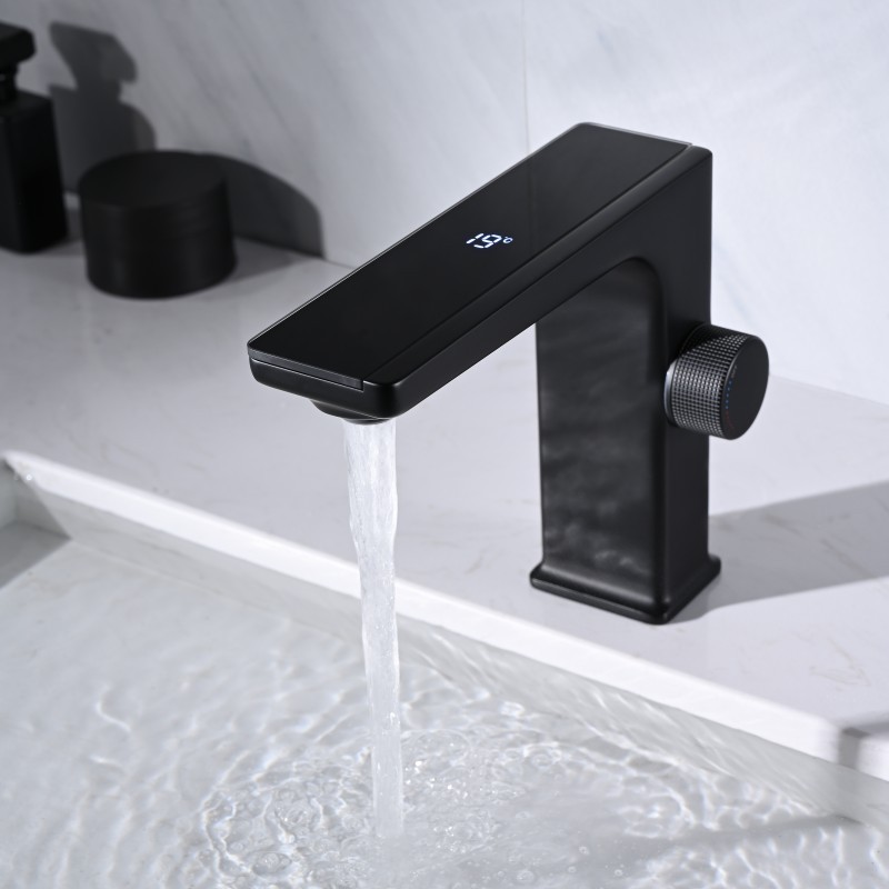 Deck mounted led digital wash basin faucet matt black water mixer tap brass bathroom basin faucet