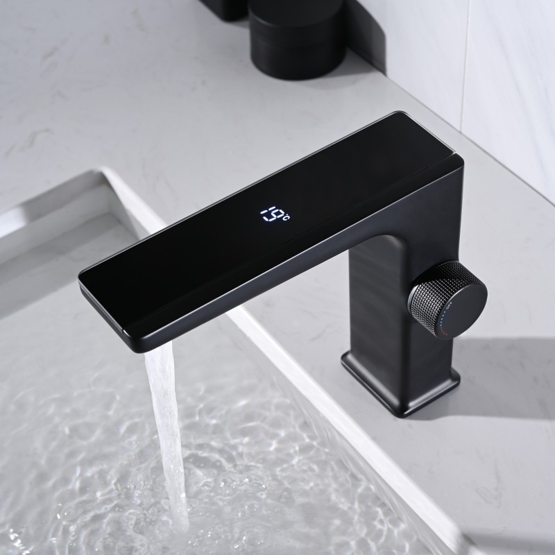 Deck mounted led digital wash basin faucet matt black water mixer tap brass bathroom basin faucet