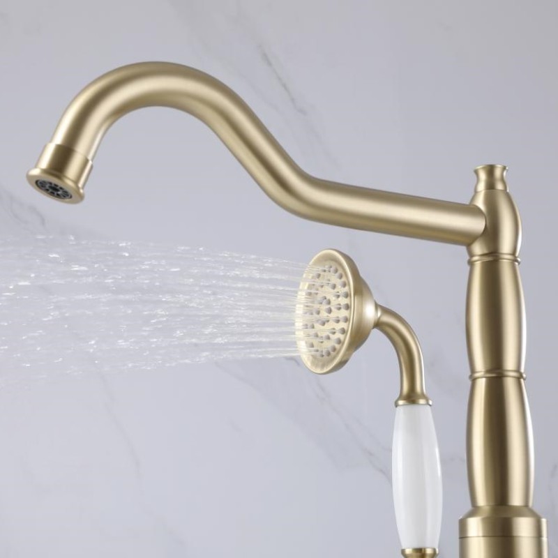 Brushed gold floor mounted freestanding bathub faucet electric bathroom tub filler mixer tap with hand held rainfall shower