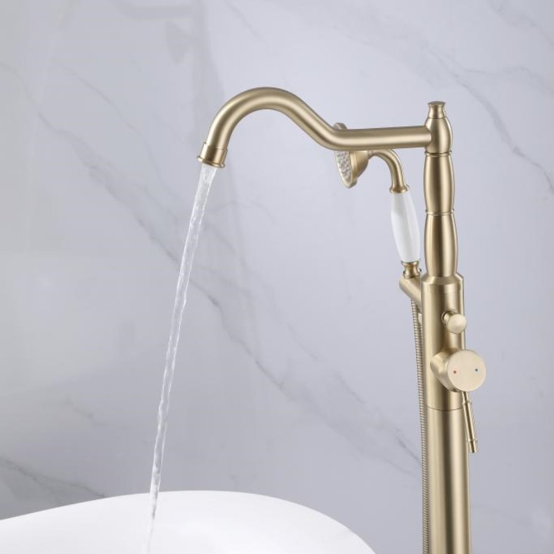 Brushed gold floor mounted freestanding bathub faucet electric bathroom tub filler mixer tap with hand held rainfall shower