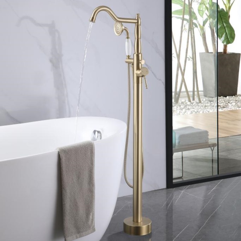 Brushed gold floor mounted freestanding bathub faucet electric bathroom tub filler mixer tap with hand held rainfall shower