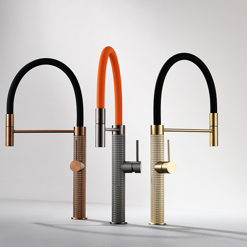 Gun metal knurled pull down splash proof sprayer kitchen sink taps faucet brass single hole rose gold kitchen faucet