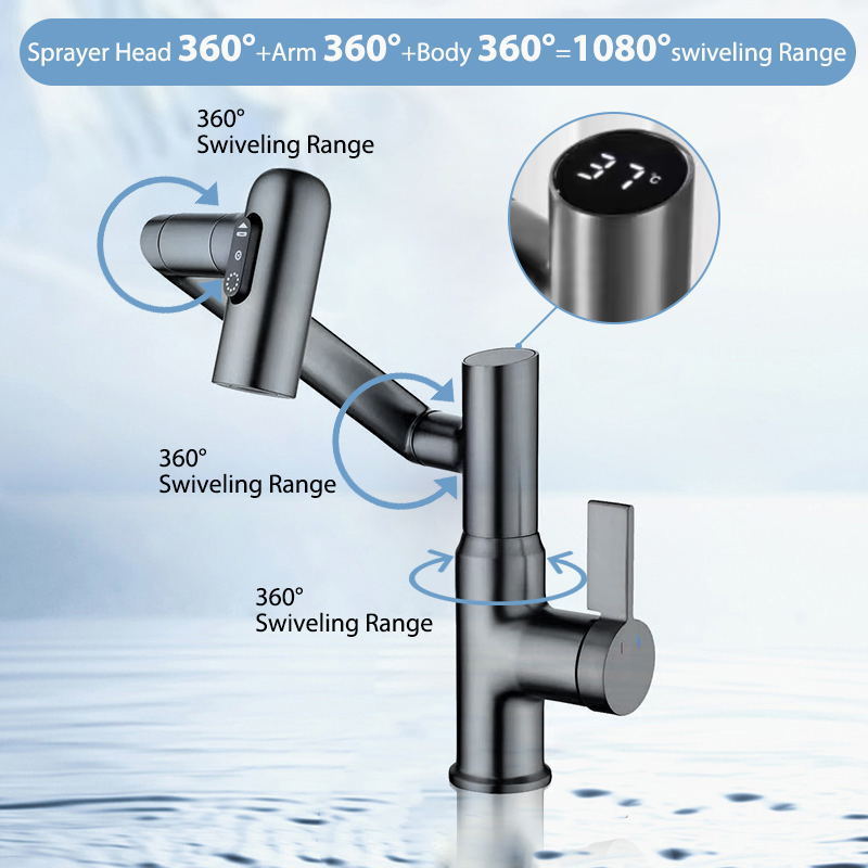 1080 rotating splash filter robotic arm faucet 360 degree swivel extendable 3 way multifunctional digital display faucet