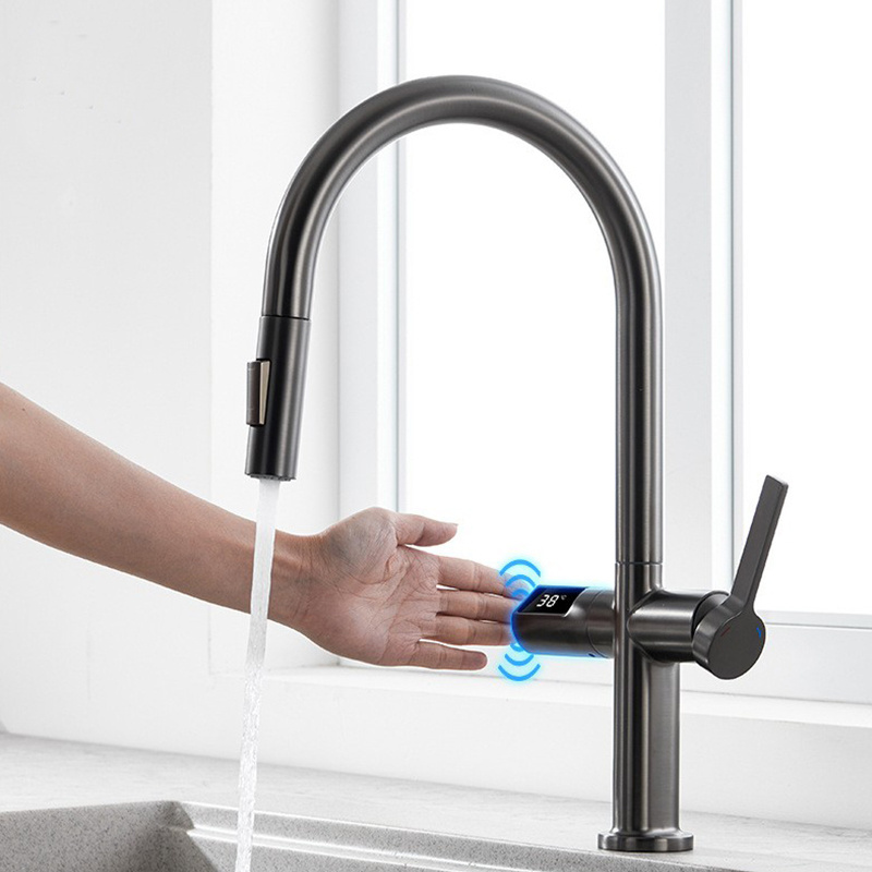 Deck mounted smart touch sensor sink faucet 360 degree rotated sink mixer tap digital basin tap pull out kitchen sink faucet