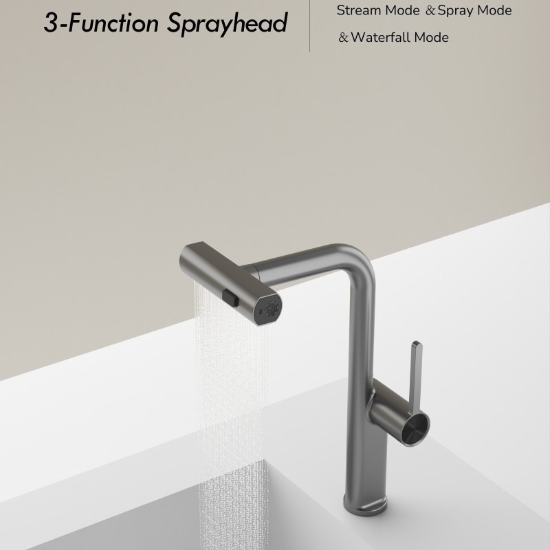 Gun grey modern waterfall water mixer tap 360 degree rotating flexible pull out 3 way kitchen faucet with pull down sprayer