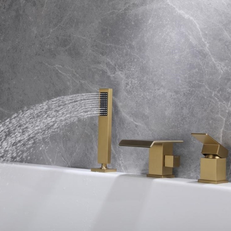 Modern brushed gold bath tub faucet brass 3 holes hot cold water bathtub shower faucet set waterfall bathroom tub faucet