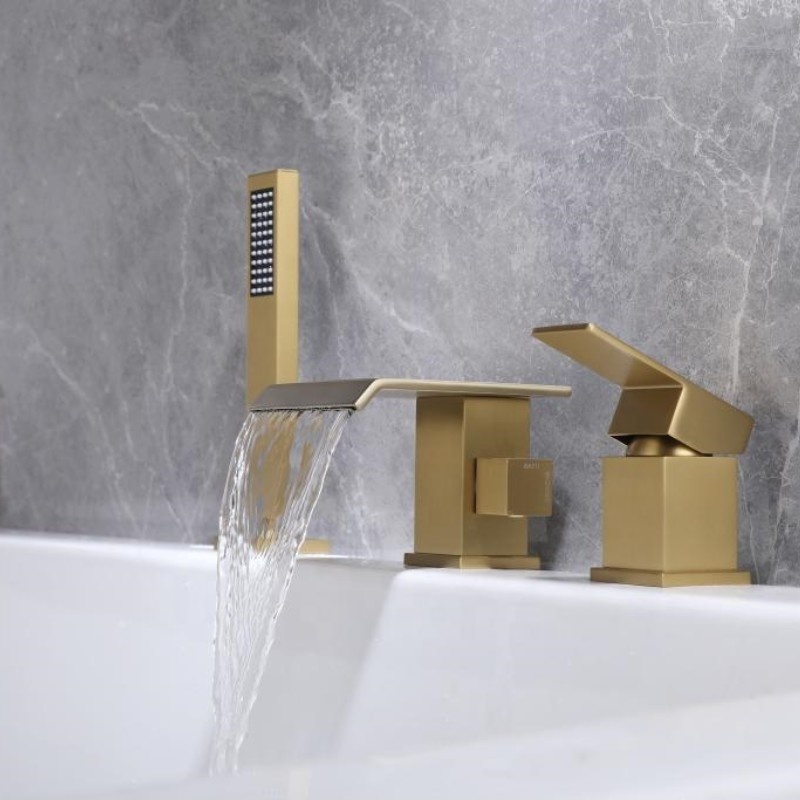 Modern brushed gold bath tub faucet brass 3 holes hot cold water bathtub shower faucet set waterfall bathroom tub faucet