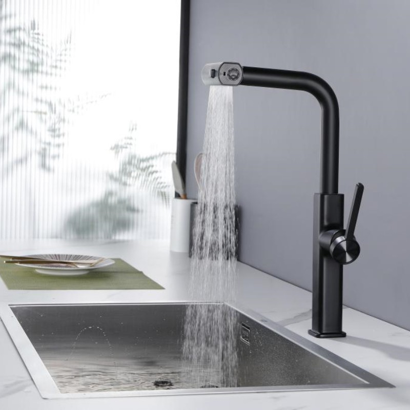 Modern black kitchen taps brass hot cold water tap rotabale waterfall kitchen sink faucet single hole pull out kitchen faucet