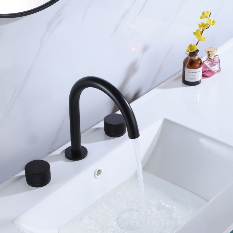 Hotel matte black wash basin faucet copper dual handle vanity faucet 3 hole widespread bathroom sink tap