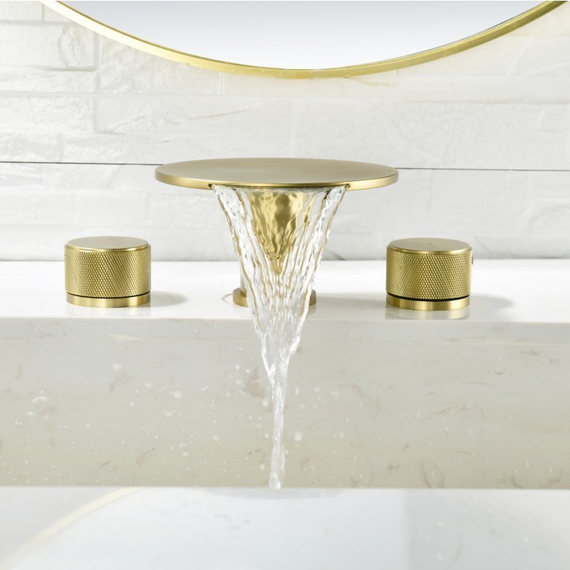 Luxury wash basin faucet waterfall brushed gold water tap widespread 3 hole brass bathroom sink faucet