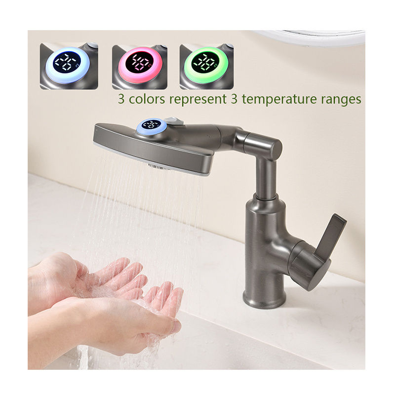 Gun metal swivel faucet bathroom sink tap multifunction water tap led digital temperature display rainfall wash basin faucet