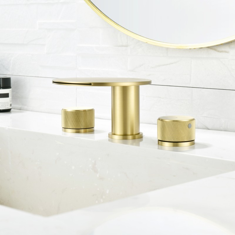 Luxury wash basin faucet waterfall brushed gold water tap widespread 3 hole brass bathroom sink faucet