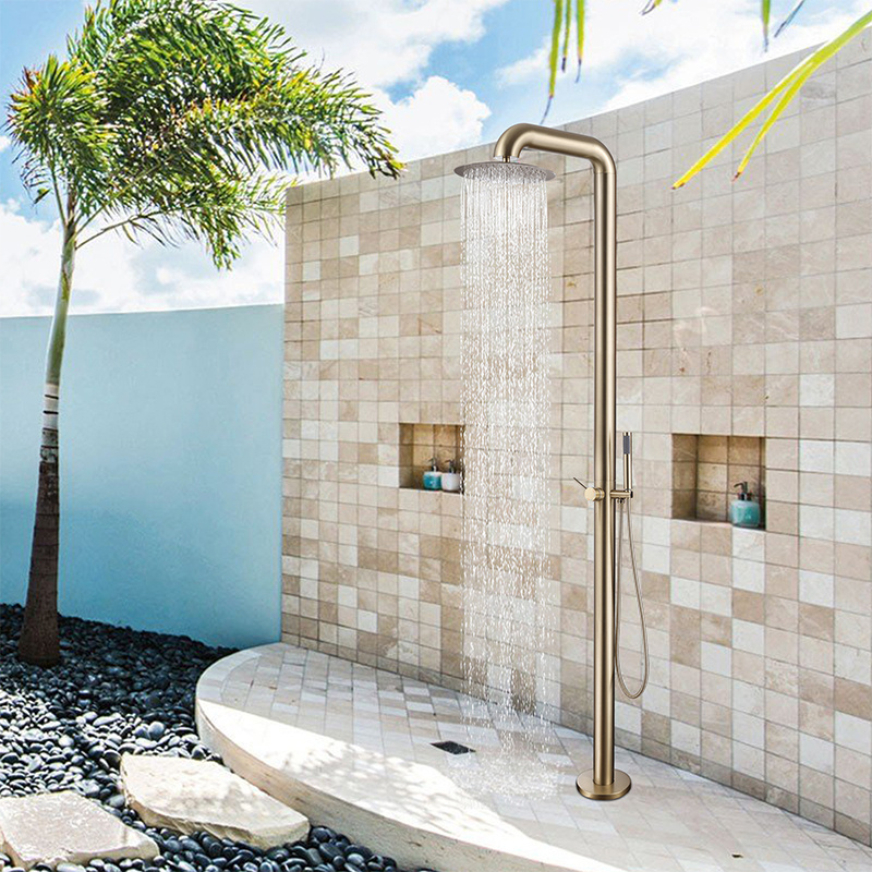 Freestanding outdoor shower stainless steel brushed gold rainfall shower coulmn set round beach swimming pool garden shower