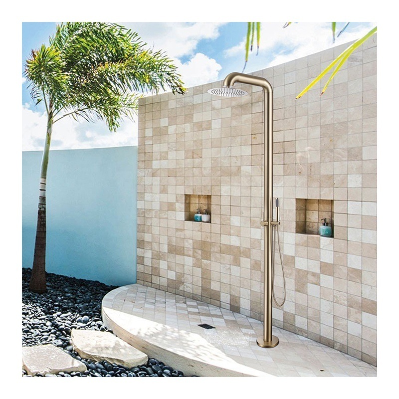 Freestanding outdoor shower stainless steel brushed gold rainfall shower coulmn set round beach swimming pool garden shower