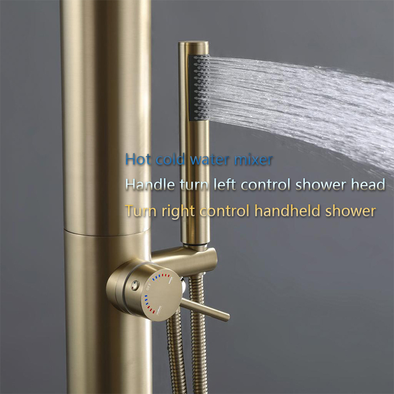 Freestanding outdoor shower stainless steel brushed gold rainfall shower coulmn set round beach swimming pool garden shower