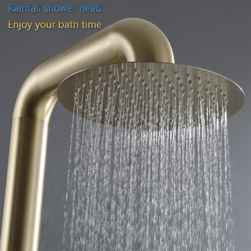 Freestanding outdoor shower stainless steel brushed gold rainfall shower coulmn set round beach swimming pool garden shower