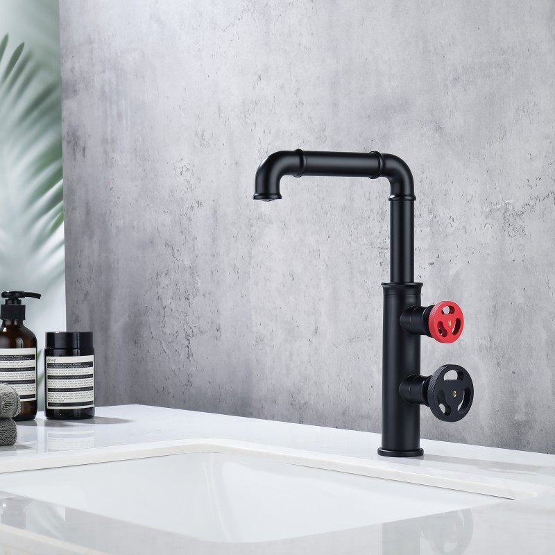 Industrial 1 hole brass dual handles tall faucet basin sink vessel matte black water mixer tap deck mounted bathroom faucet