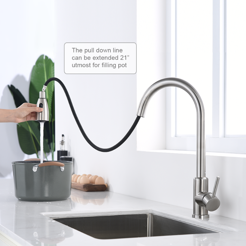 Modern brushed nickel commercial kitchen faucet brass single handle 2 ways kitchen sink faucet pull out sprayer