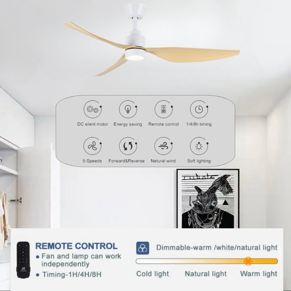 JK ZS-50-23050WH-OAK 52 Inches Hot Sale Simple Remote Control Office 6 Speed 3 Blades White Home Balcony ABS Ceiling Fan