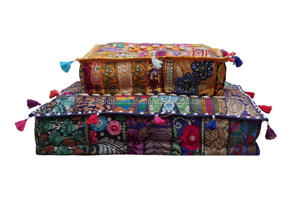 Wholesale Sari Patchwork Floor Pillows Square Handmade Ottoman