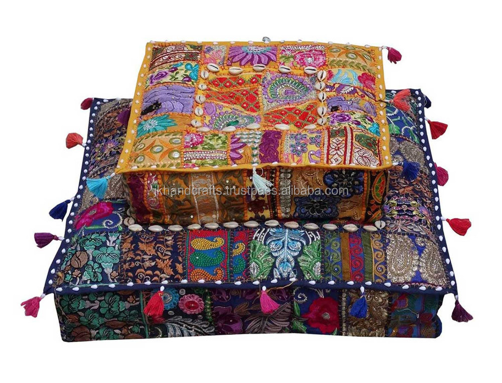 Wholesale Sari Patchwork Floor Pillows Square Handmade Ottoman