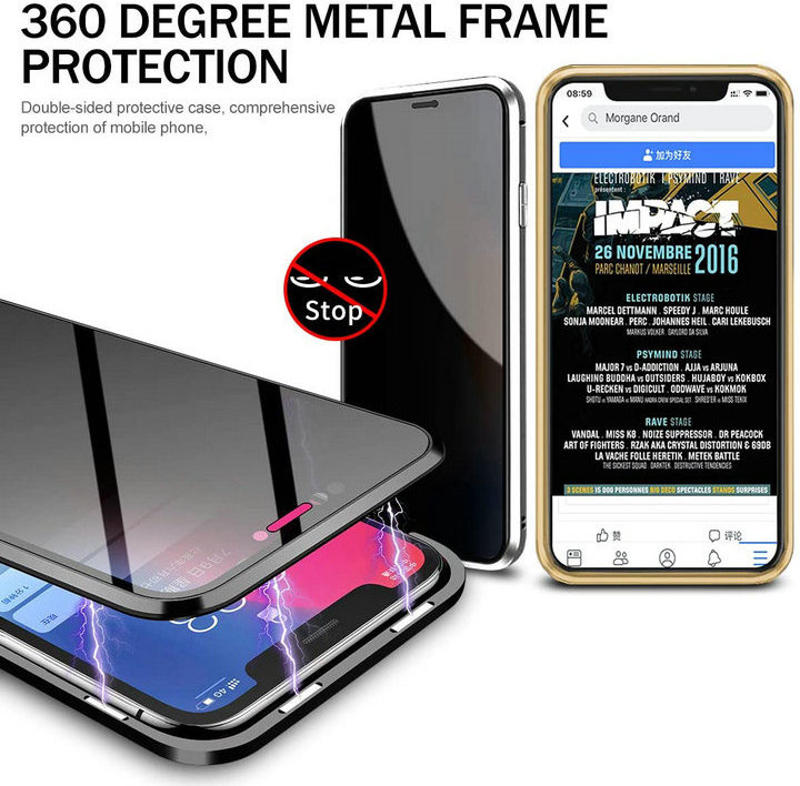 Anti spy Double Protector tempered Glass Metal Magnetic phone case for iPhone 15 14 13 Pro max Anti Peeping shockproof cover