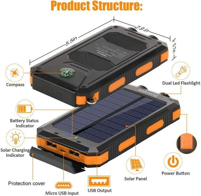 Hot products waterproof 20000mah Portable Power Banks Solar with Led light solar powerbank mobile phone charger