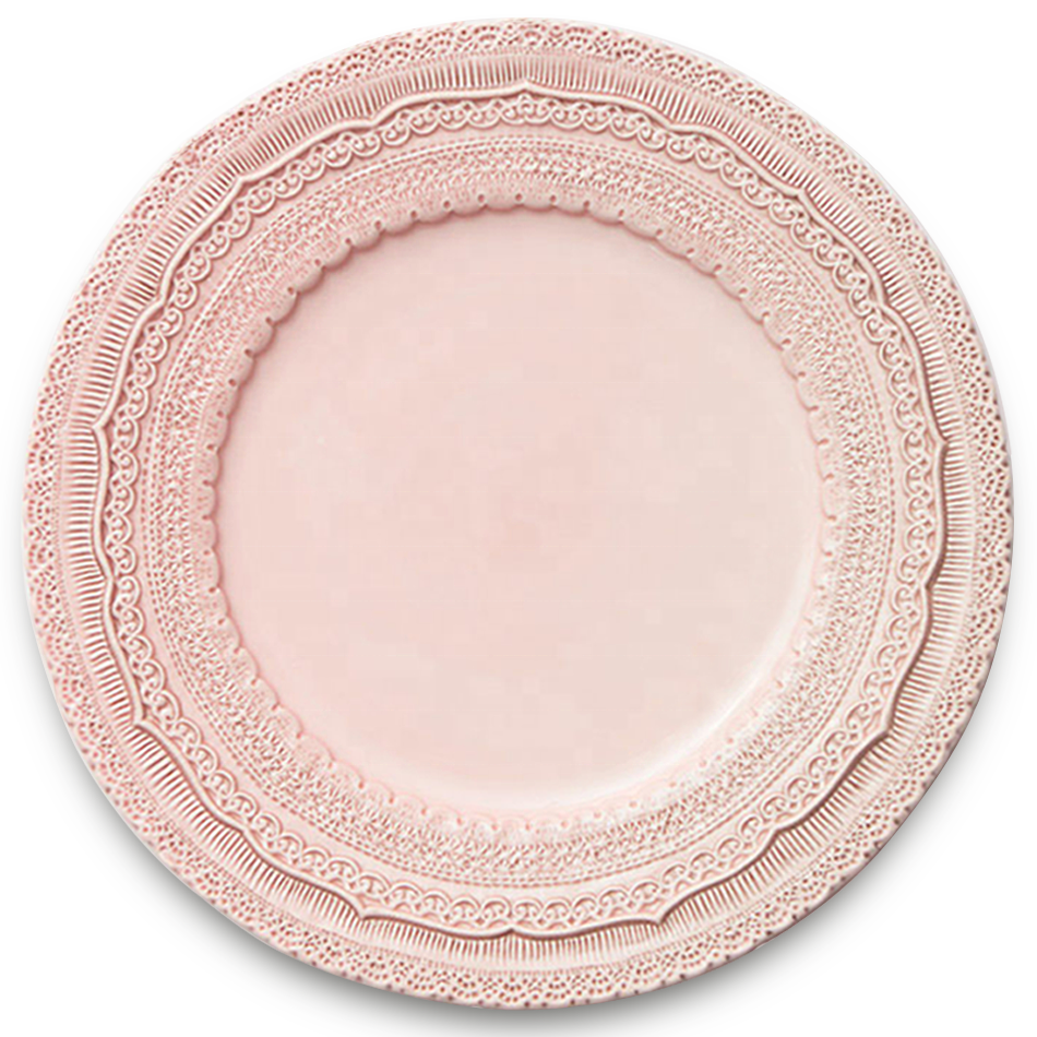 JACOTTA wholesale 13 inch pottery embossed plate ceramic crockery dinner dishes wedding pink lace charger plates