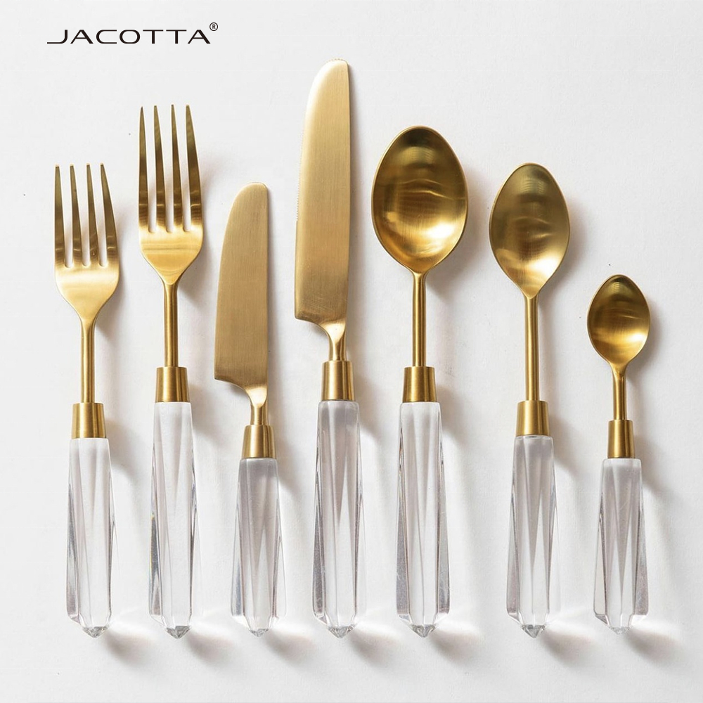 Tableware bulk gold stainless steel cutlery set faceted flatware in lucite clear flatware with gold marble flatware set