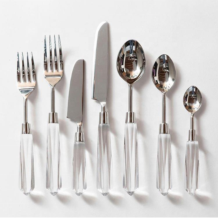 Tableware bulk gold stainless steel cutlery set faceted flatware in lucite clear flatware with gold marble flatware set