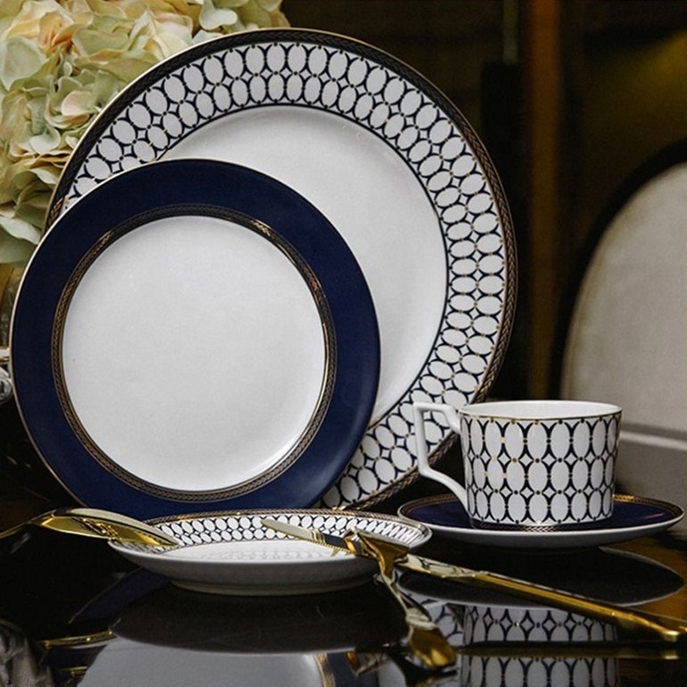 Wholesale bone china navy blue plates crockery set porcelain dinnerware