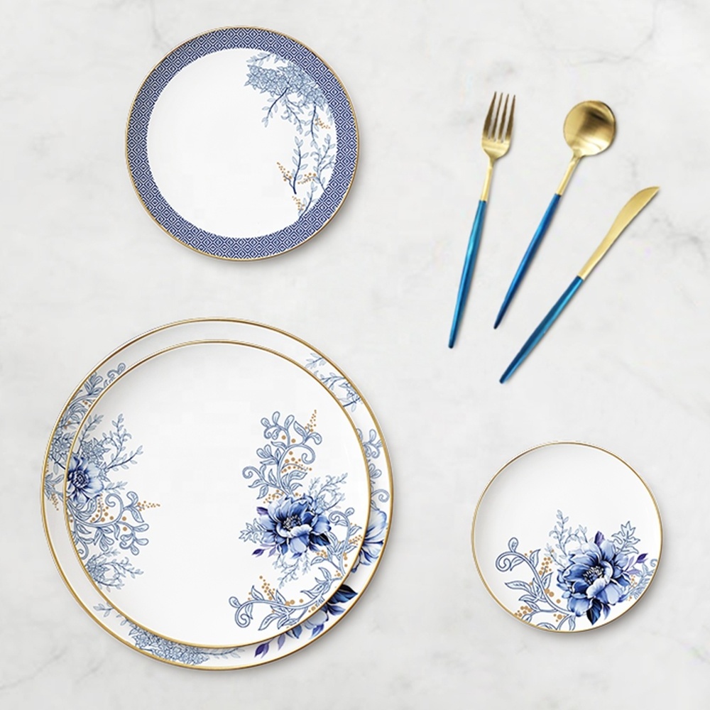 JK ceramic porcelain gold rim blue flower style dinner set bone china wedding serving dishes ceramic plates