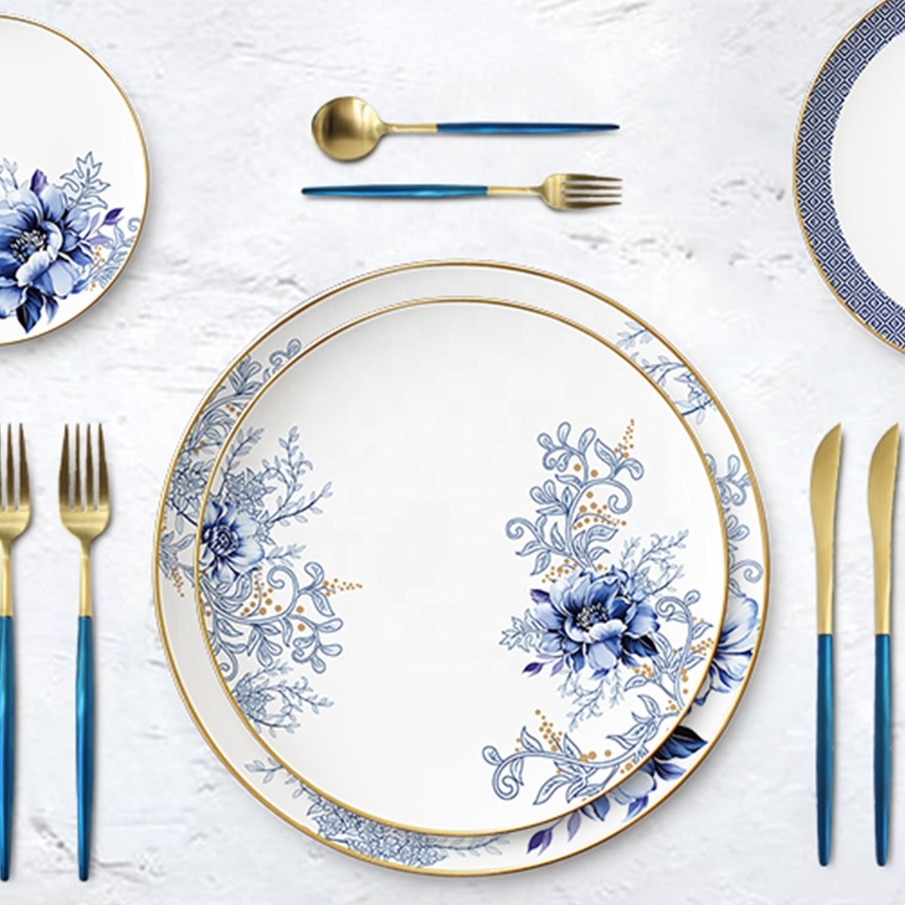 JK ceramic porcelain gold rim blue flower style dinner set bone china wedding serving dishes ceramic plates