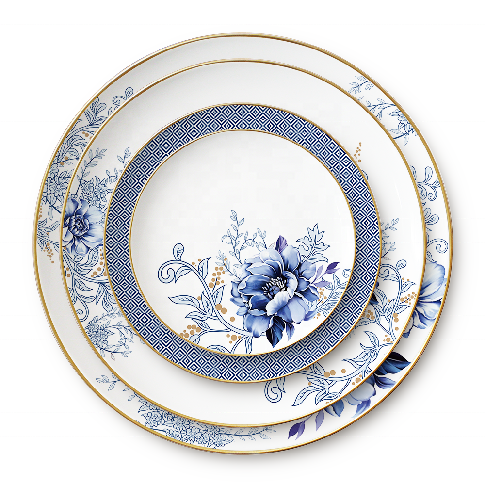 JK ceramic porcelain gold rim blue flower style dinner set bone china wedding serving dishes ceramic plates