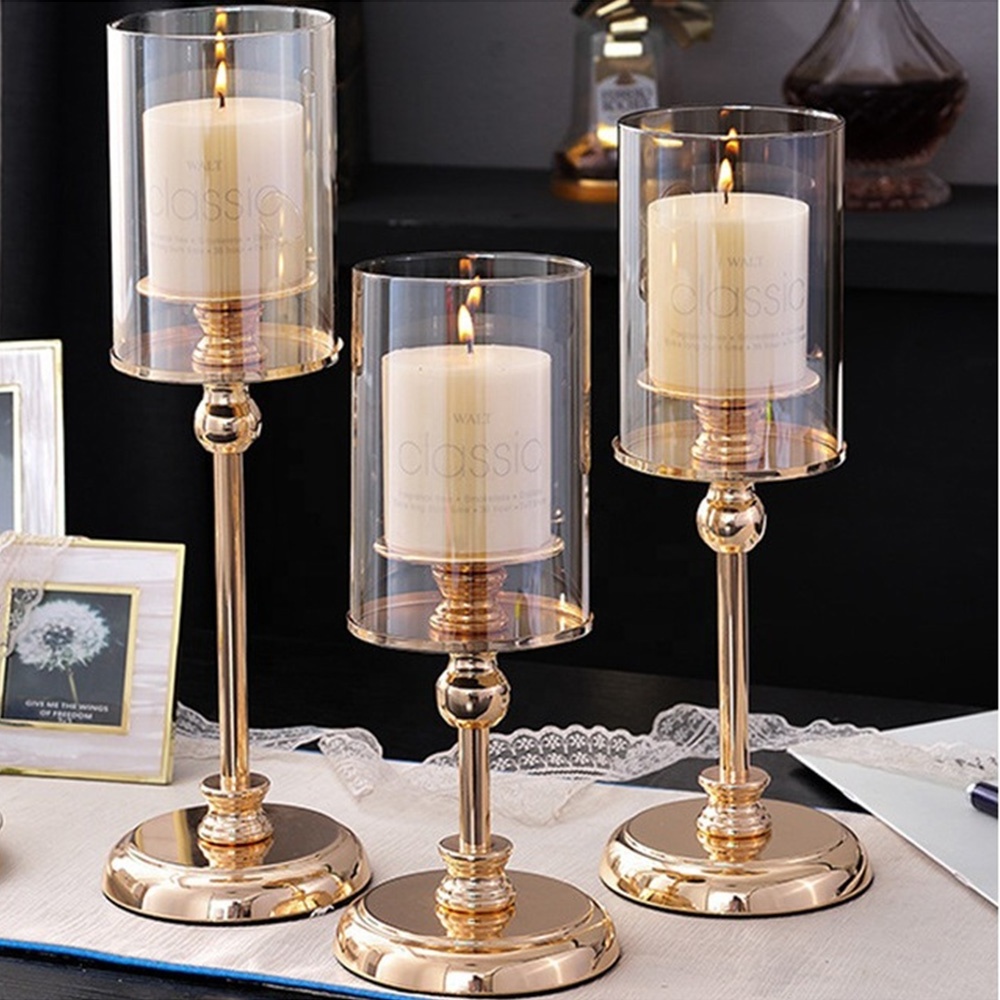 Modern Luxury Glass Crystal Candle Stand Set Home Decor Candlesticks Stand Metal Gold Wedding Candle Holder Gold