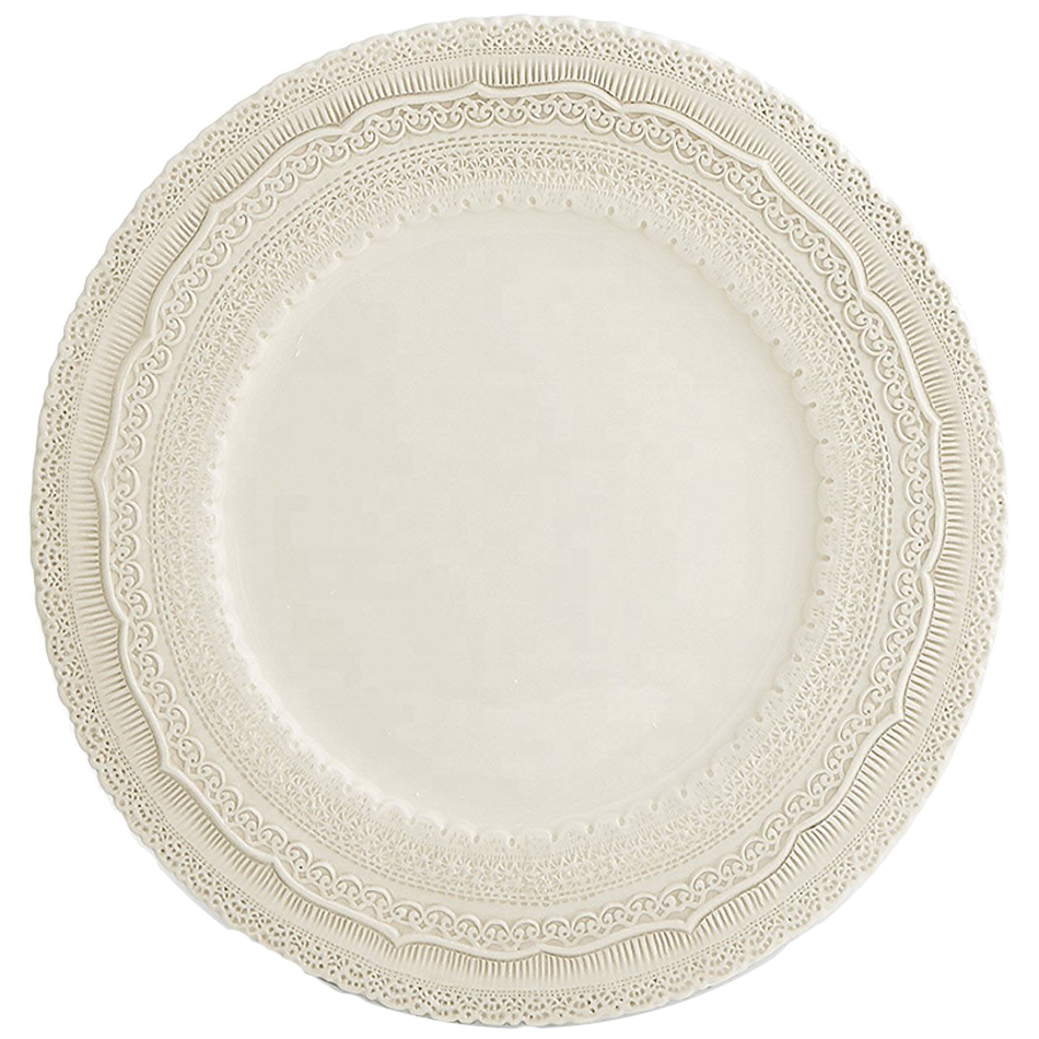 JACOTTA wholesale 13 inch pottery embossed plate ceramic crockery dinner dishes wedding pink lace charger plates