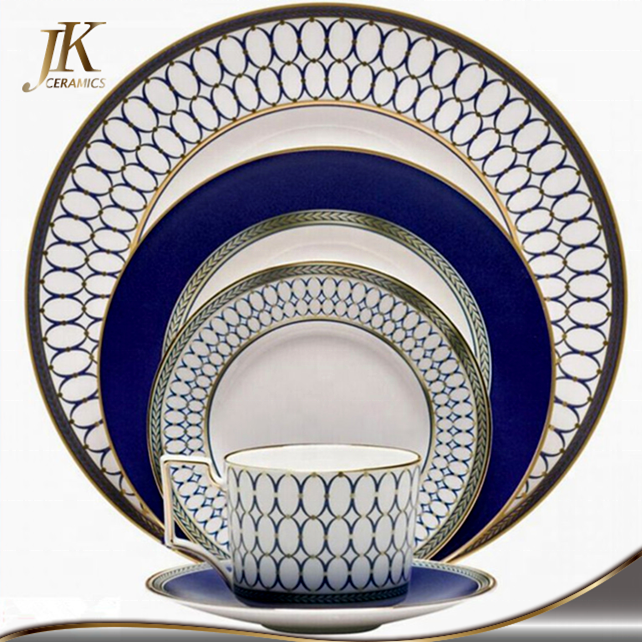 Wholesale bone china navy blue plates crockery set porcelain dinnerware