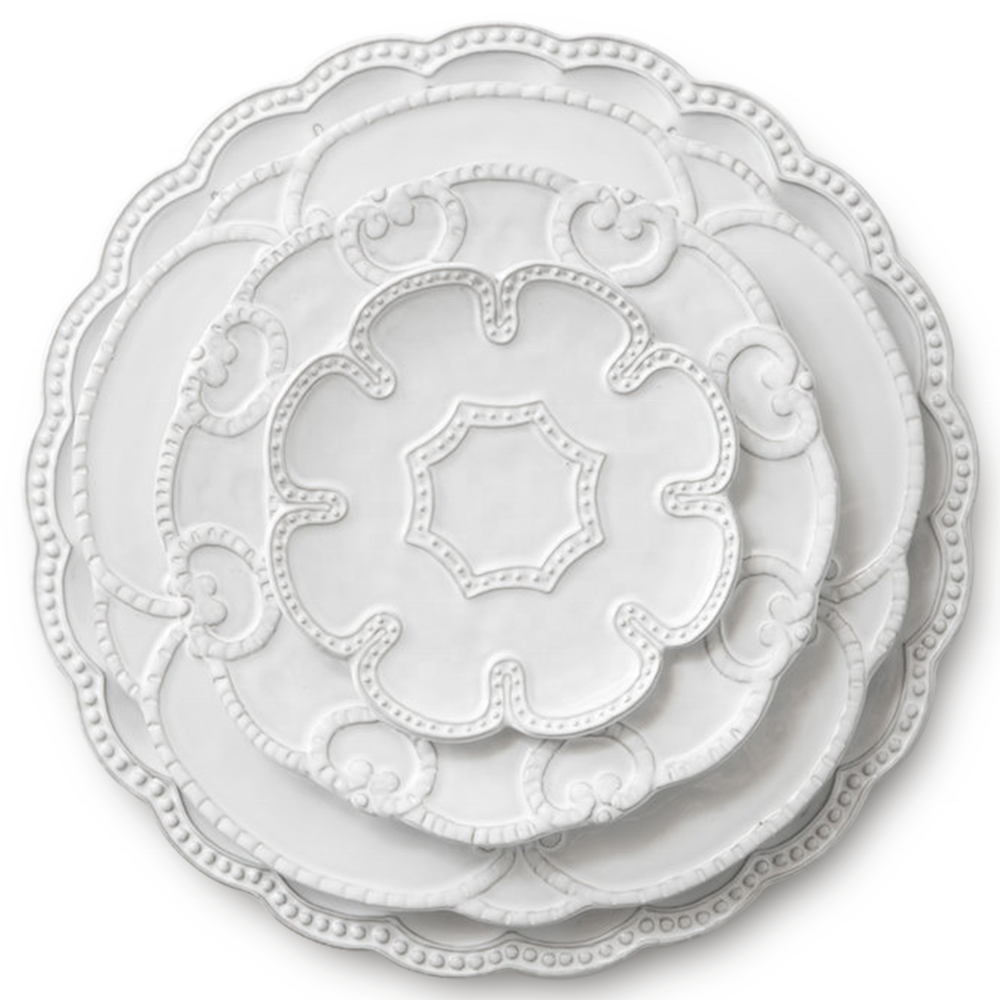 Eco-friendly bulk white serving dishes spanish porcelain dinnerware sets ceramic embossed serving plate